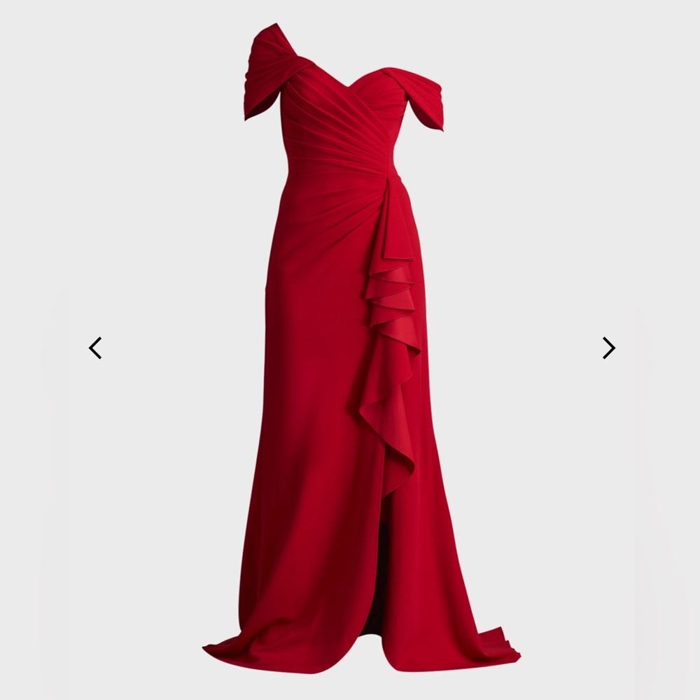 Currently in Saks at full price. Tadashi Shoji off-shoulder pleated Gown.